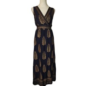 Lapogee Navy Gold Leaf Print Maxi Dress Small V-Neck Sleeveless Rayon India